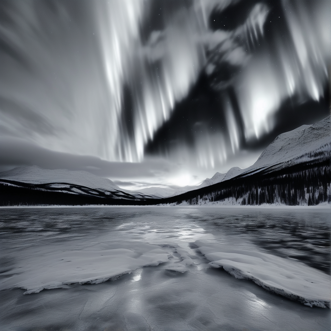 A black and white landscape showing cracked ice on a frozen lake beneath a dramatic sky of northern lights.