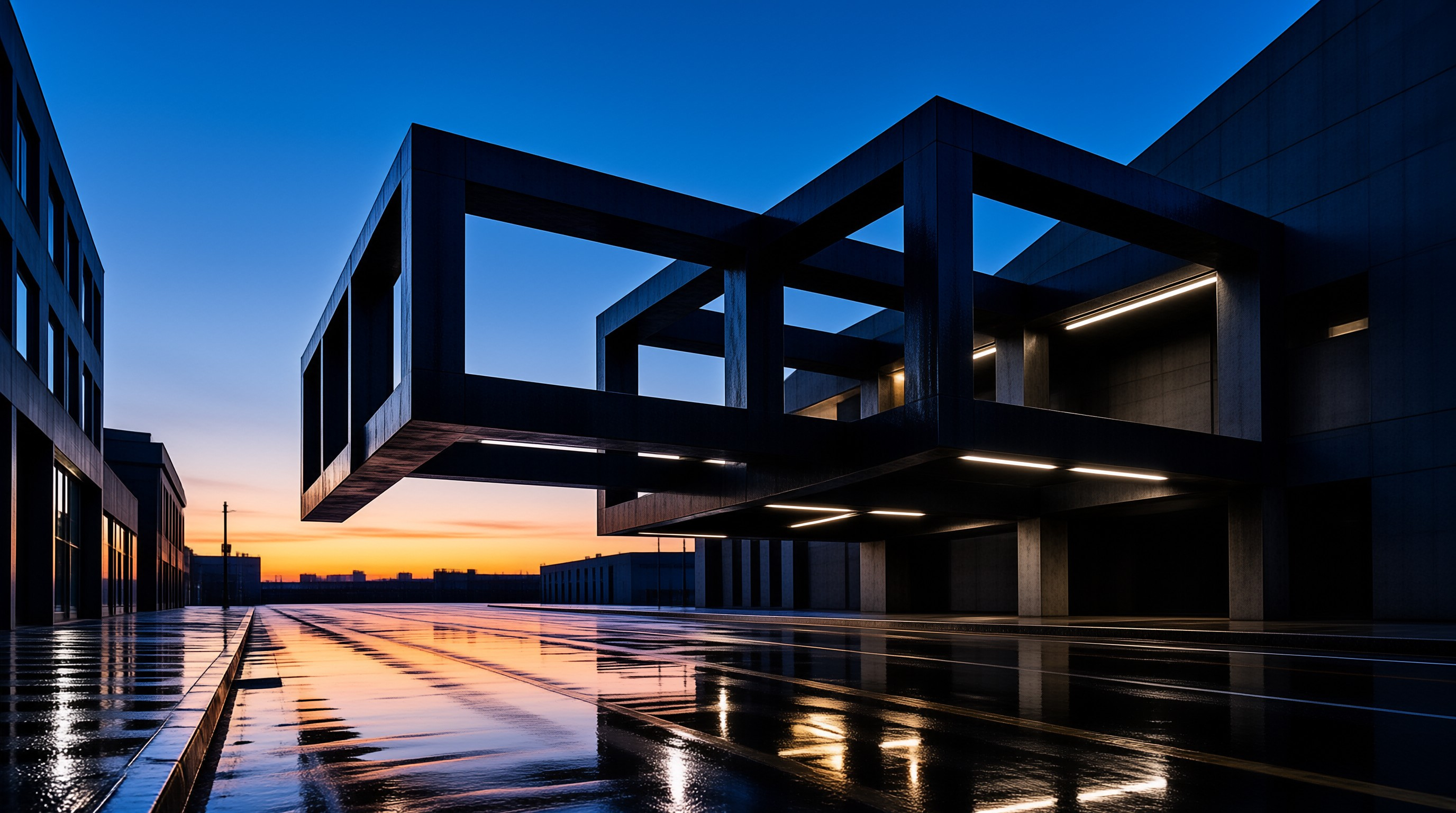 Thick concrete beams form a geometric structure over wet ground reflecting the colors of a fading sunset.