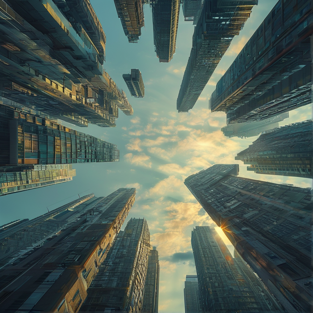 Symmetrical skyscrapers appear upside down reflecting the sky filled with soft clouds and sunset hues.