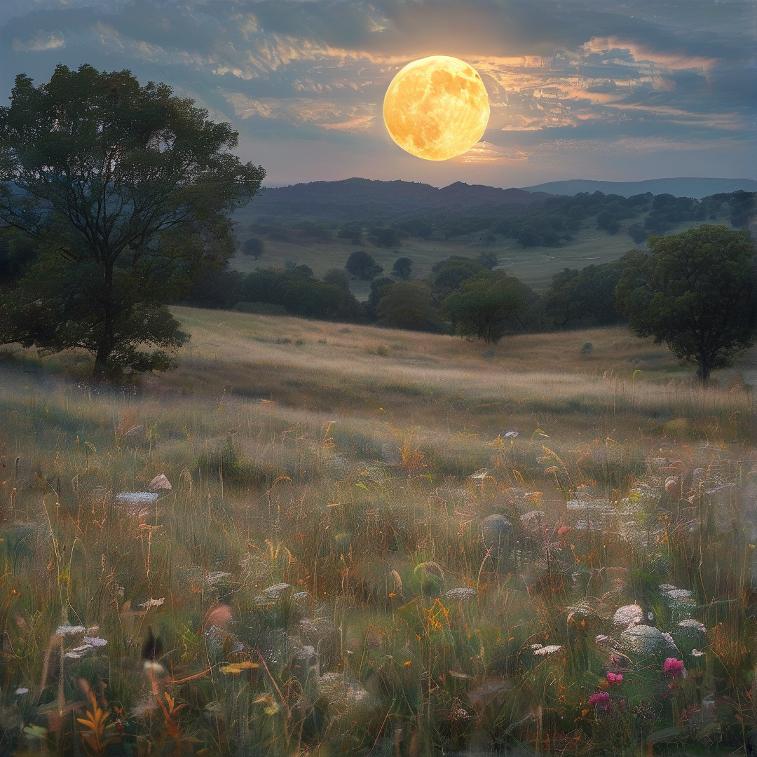 Golden Moon Over Misty Meadow