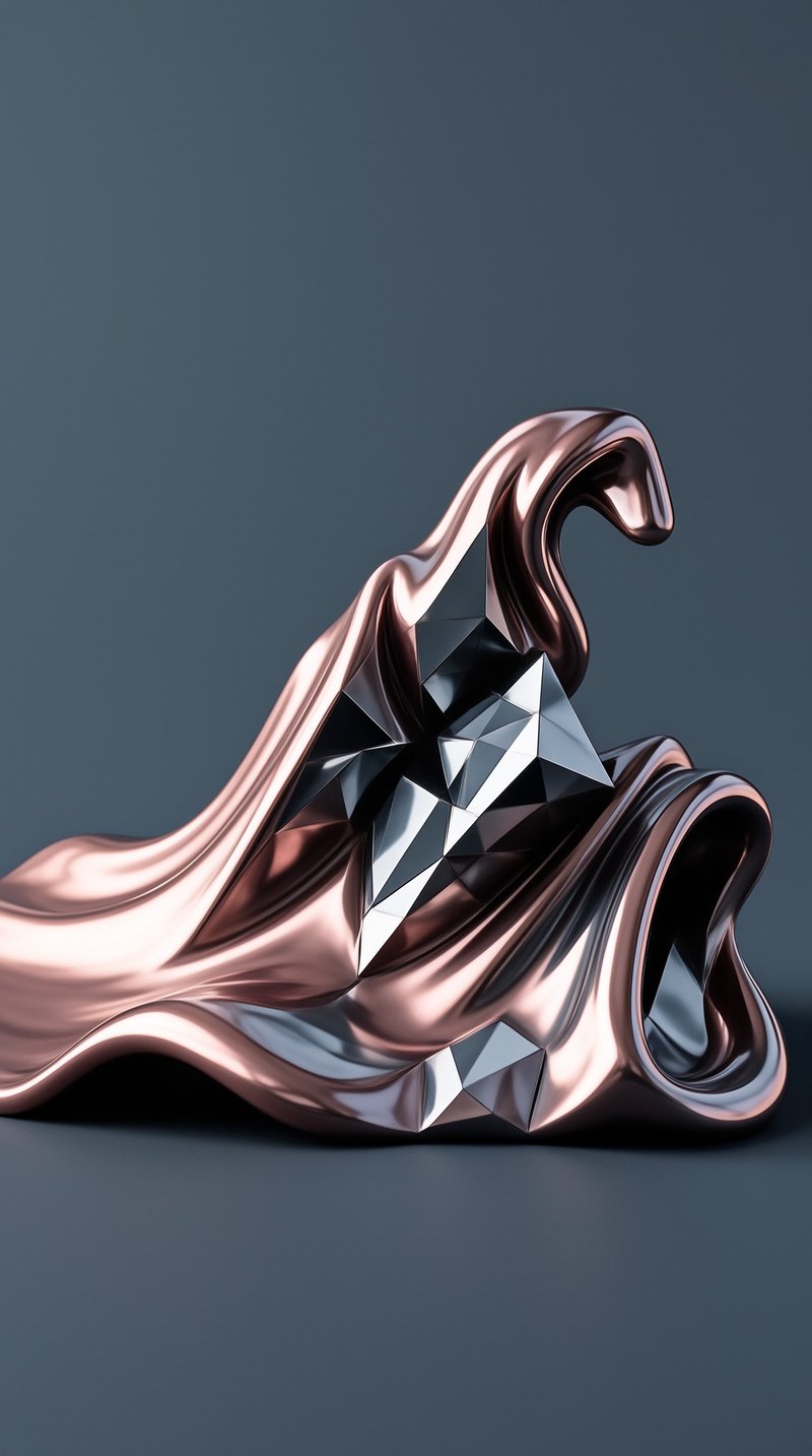 A glossy rose gold shape wraps around a faceted crystal under soft lighting on a dark gray surface.