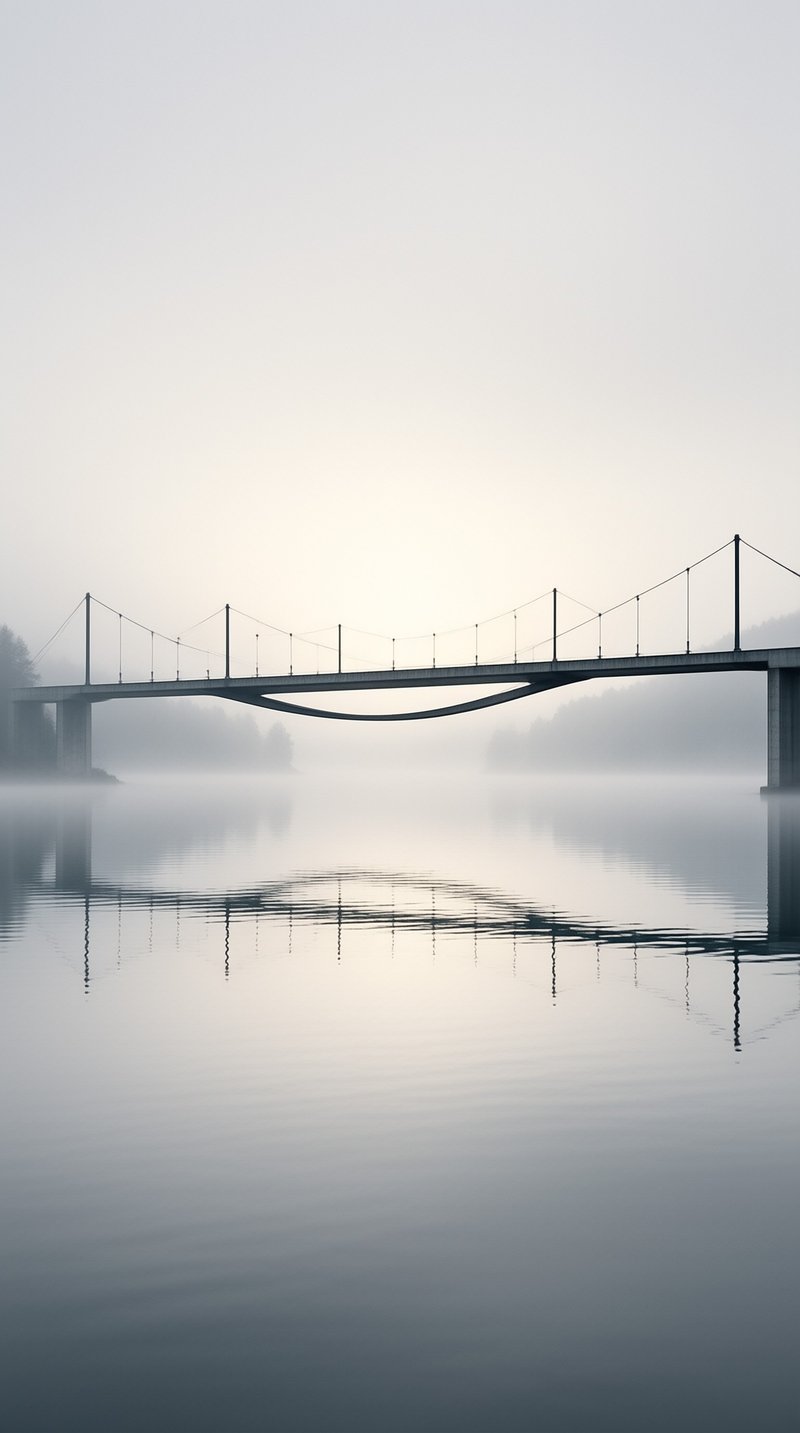 A bridge with hanging cables spans a foggy river with faint reflections on the still water surface below.