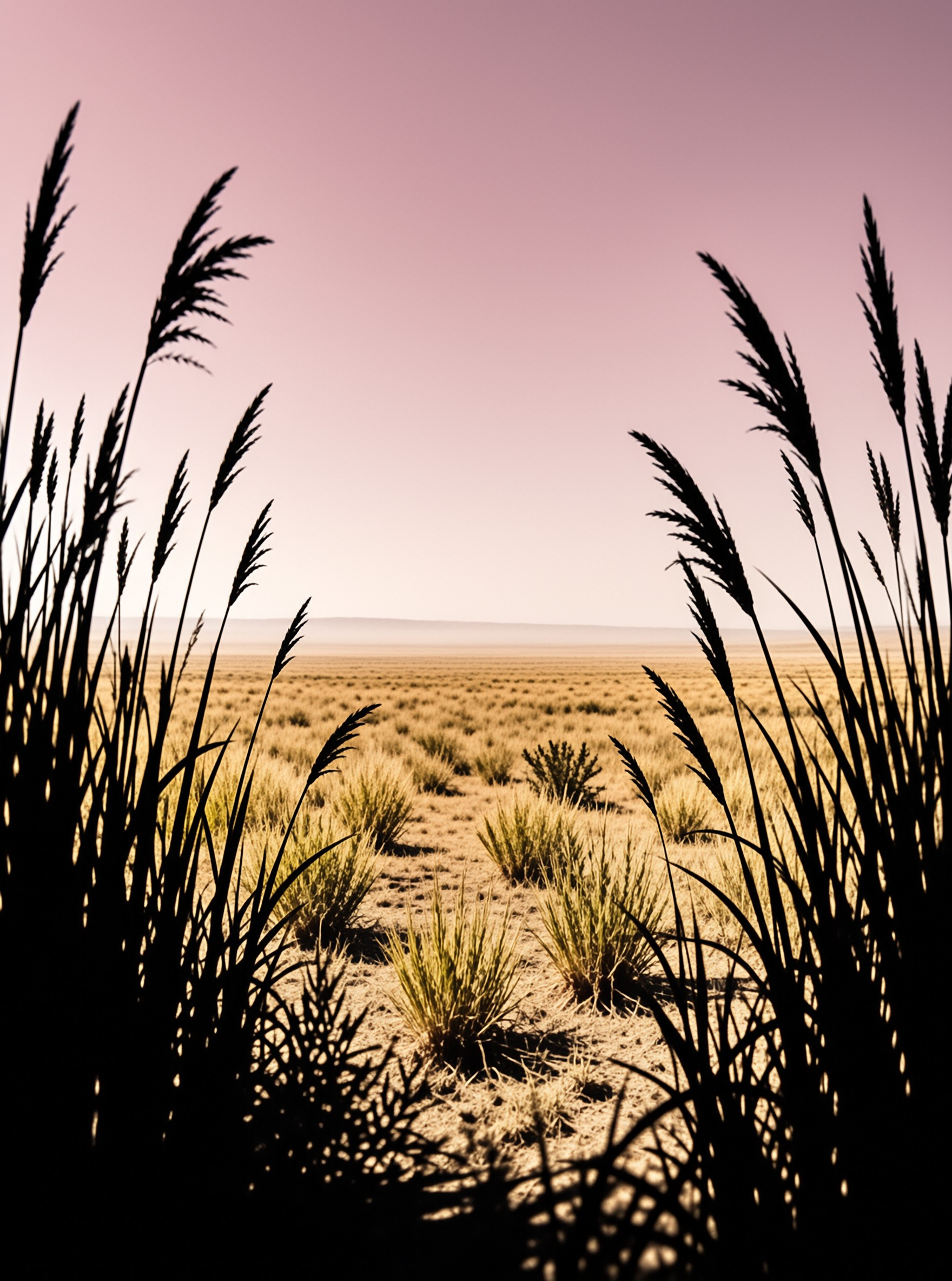 Dark silhouettes of tall grass frame a vast dry landscape under a soft gradient sky.