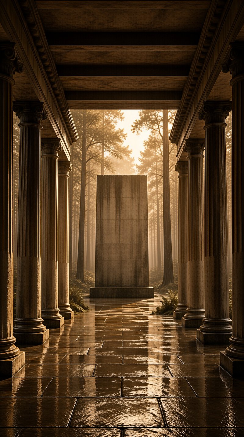 Rows of classical columns line a wet stone walkway that opens to a massive blank stone monument set in foggy sunlit woodland.