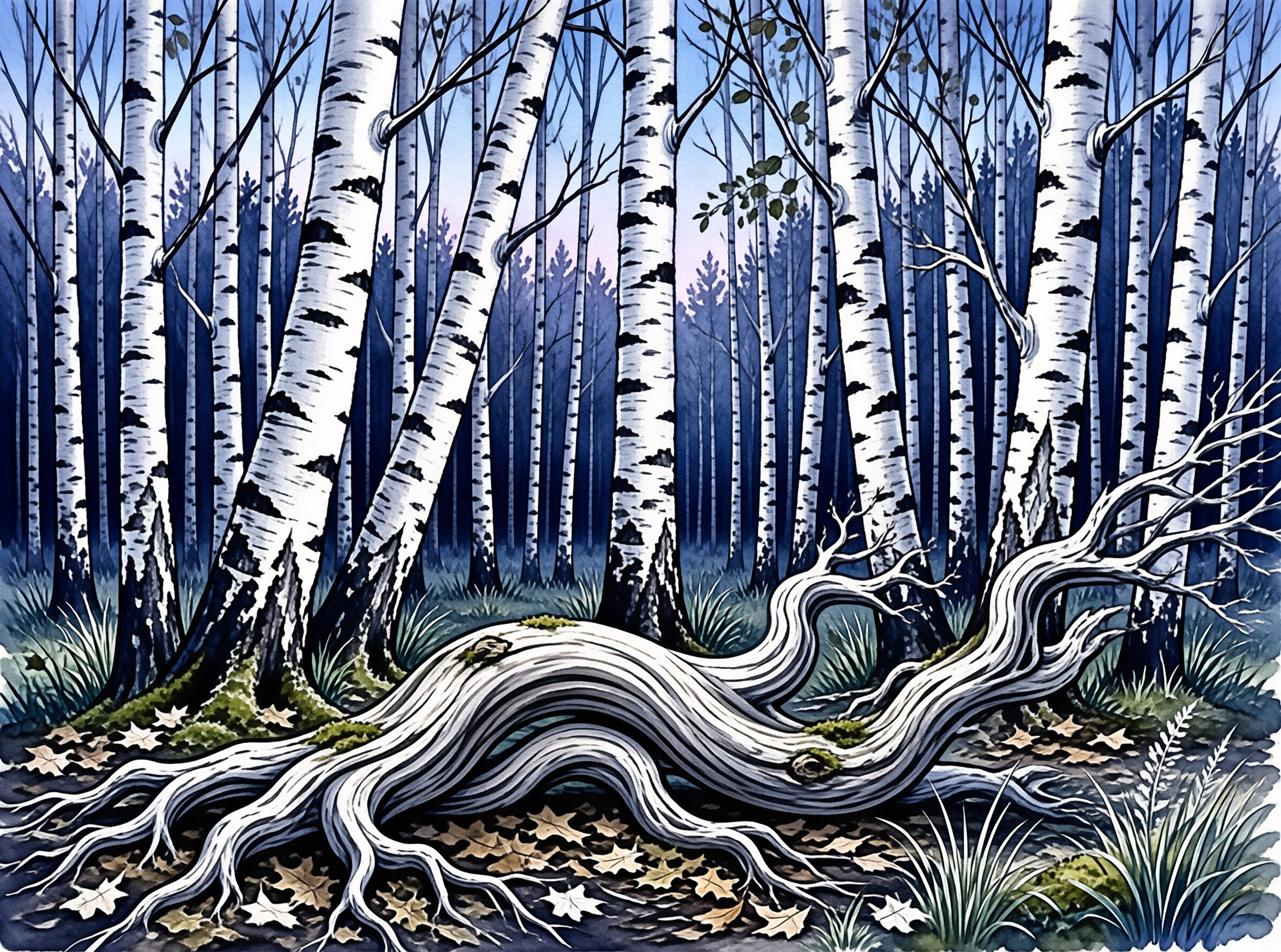A gnarled white log rests on the forest floor surrounded by vertical birch trees in a stylized blue illustration.