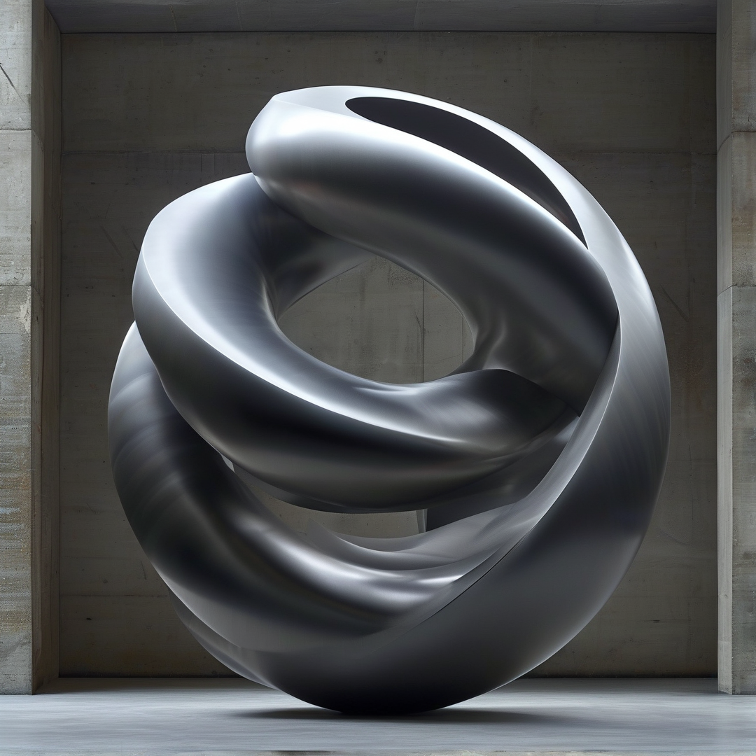 A large, twisted silver metal sculpture stands in a concrete room with soft lighting highlighting its smooth reflective curves.