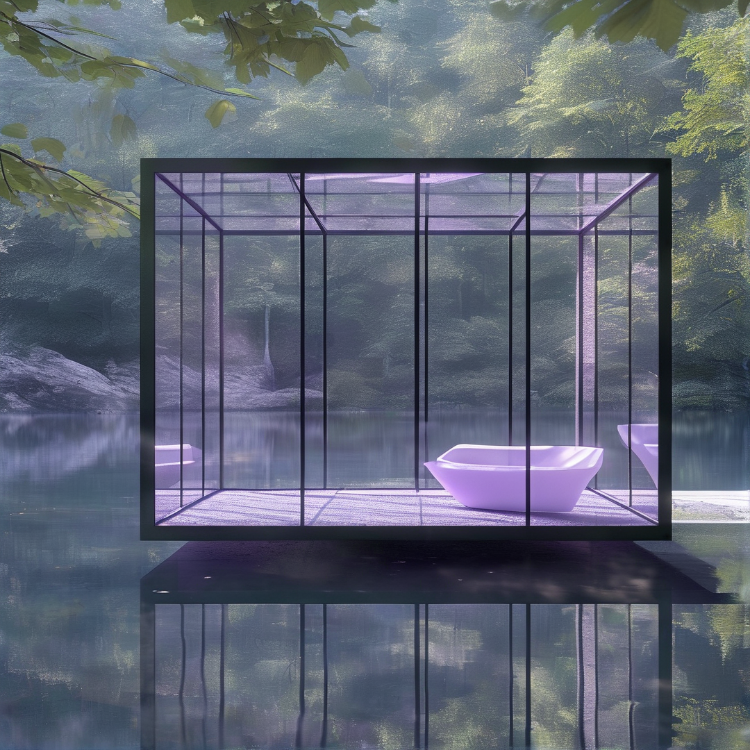 A glass cube structure sits floating on a still forest lake, containing a white bathtub, framed by soft hazy light and tree reflections in the water