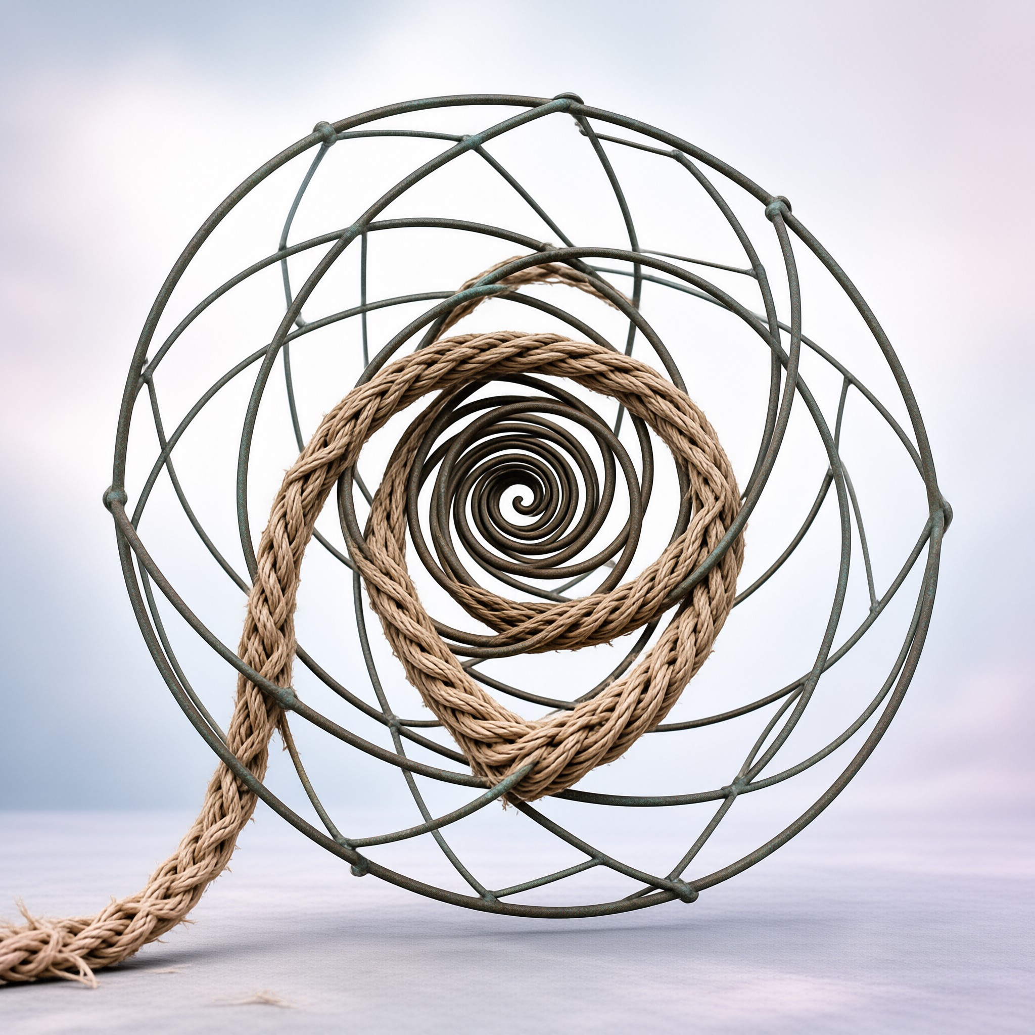 A thick brown rope winds around a greenish metal wire sphere against a soft blurred background.