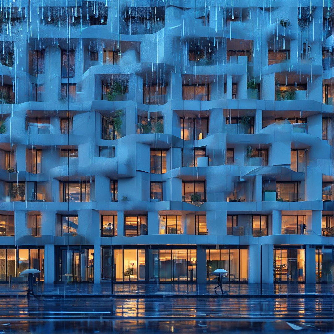 A tall building with wavy white balconies stands in rain, its warm lights contrasting with the cool blue exterior.