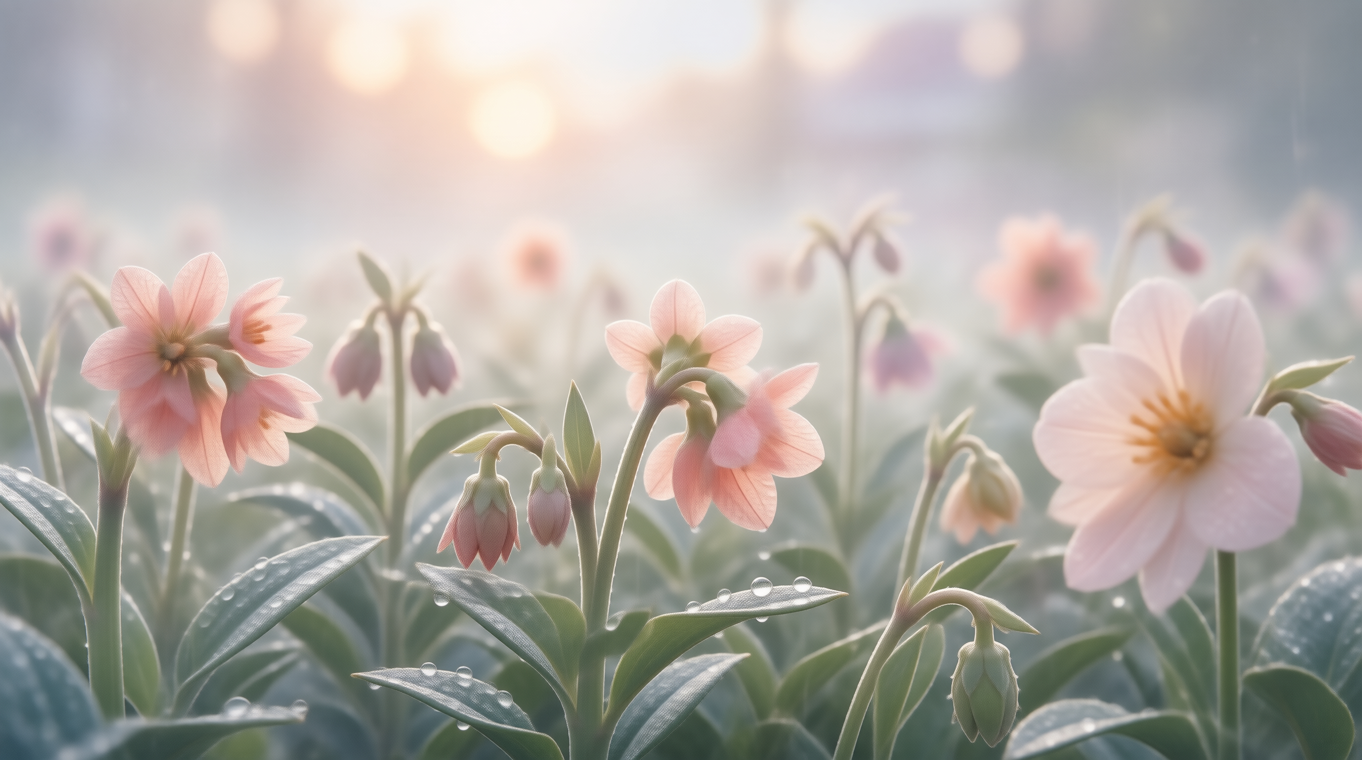 Misty Pink Flowers with Dew