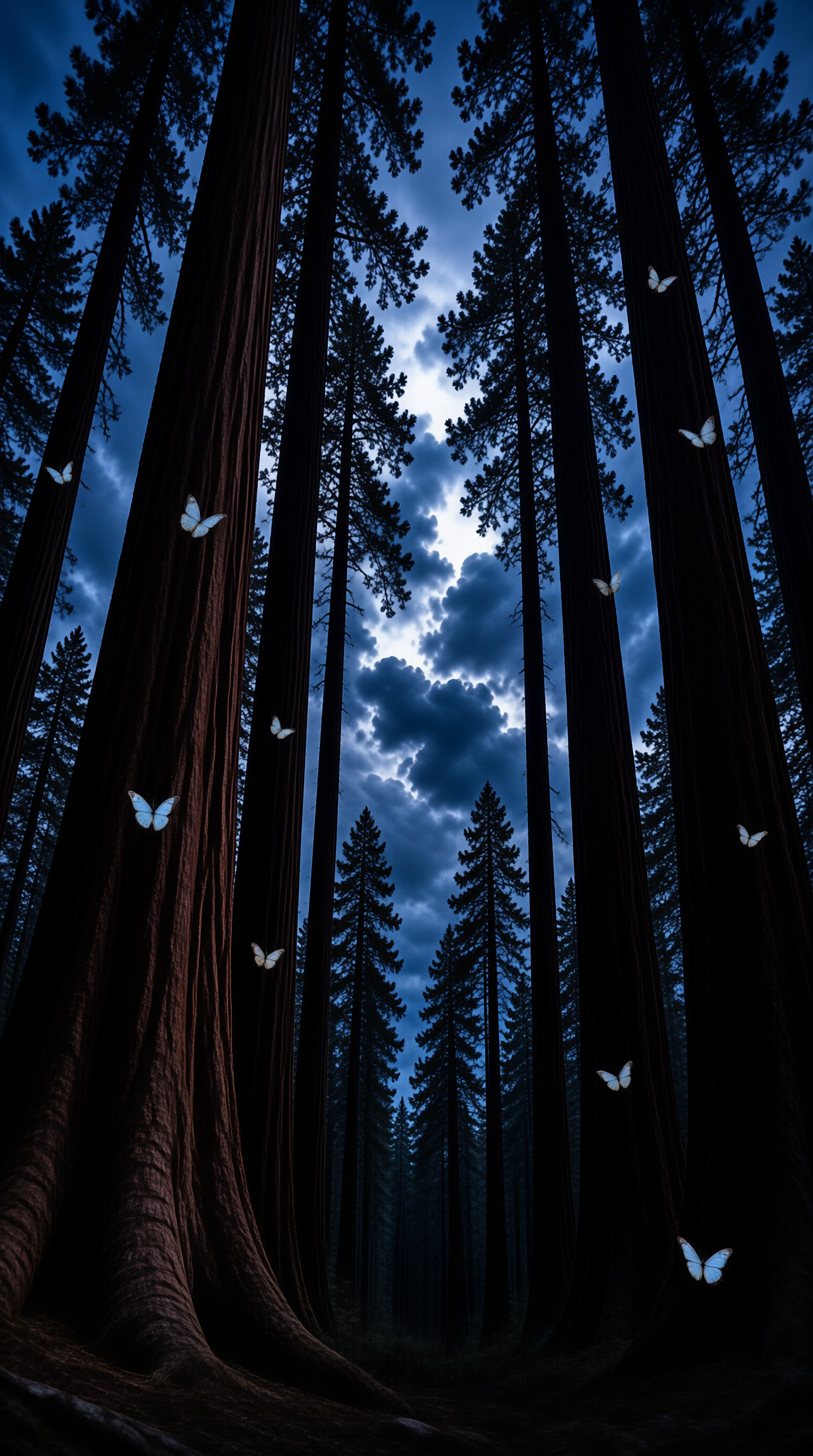 Dark vertical tree trunks rise toward a cloudy blue sky while white butterflies drift among the shadows of the forest.