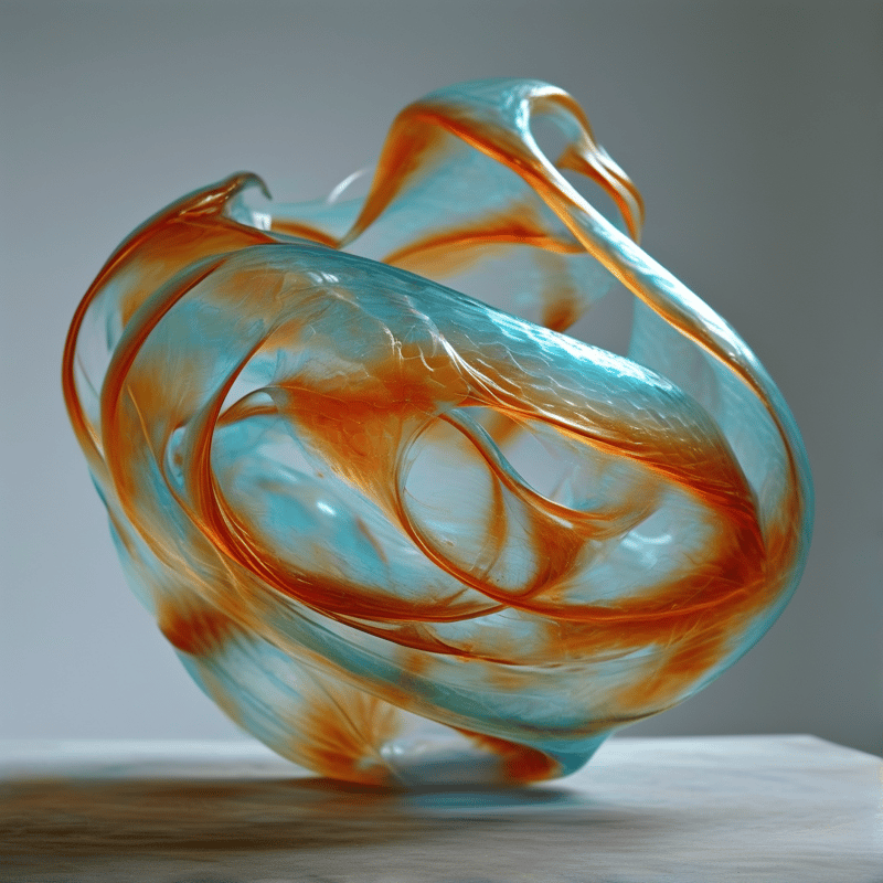 A translucent blown-glass form twists in ribbons of cyan and warm orange, catching soft light against a neutral grey wall.