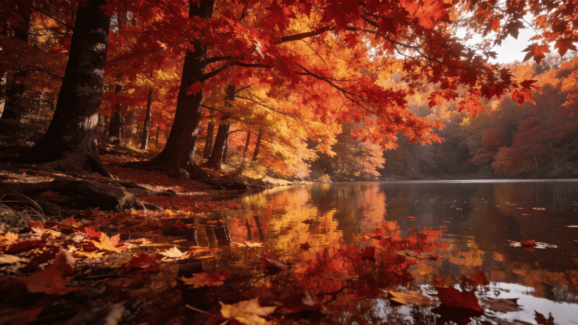 Red Maple Canopy Over a Calm Lake