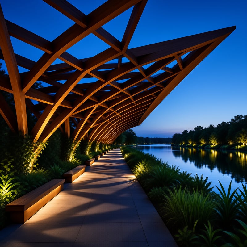 A geometric wooden trellis covers a paved path next to a reflective lake under a deep blue twilight sky with warm lighting.