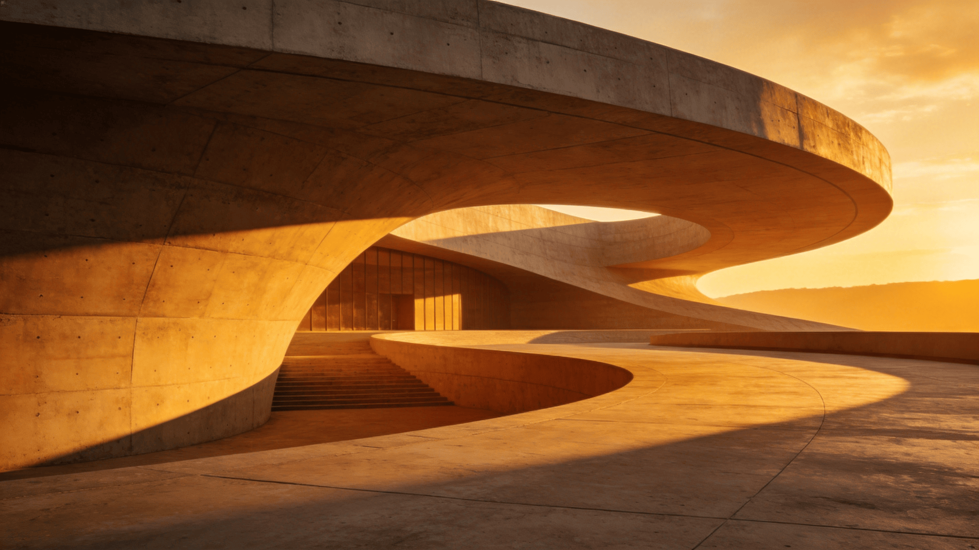 Museum with Curved Concrete — Golden Sunset