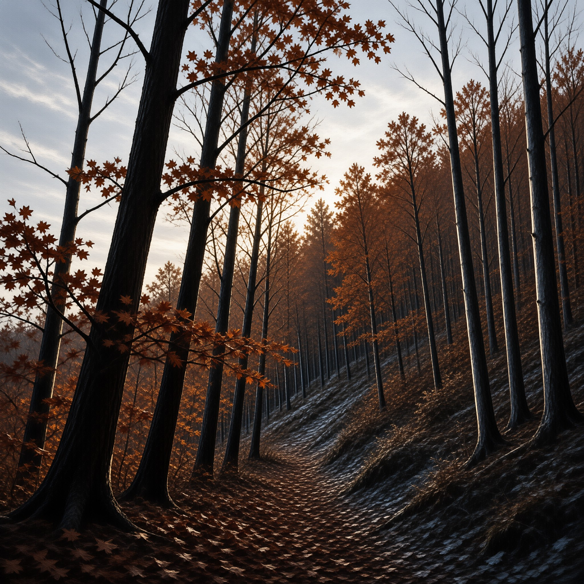 Tall maple trees line a winding forest path as autumn sunlight filters through their orange leaves