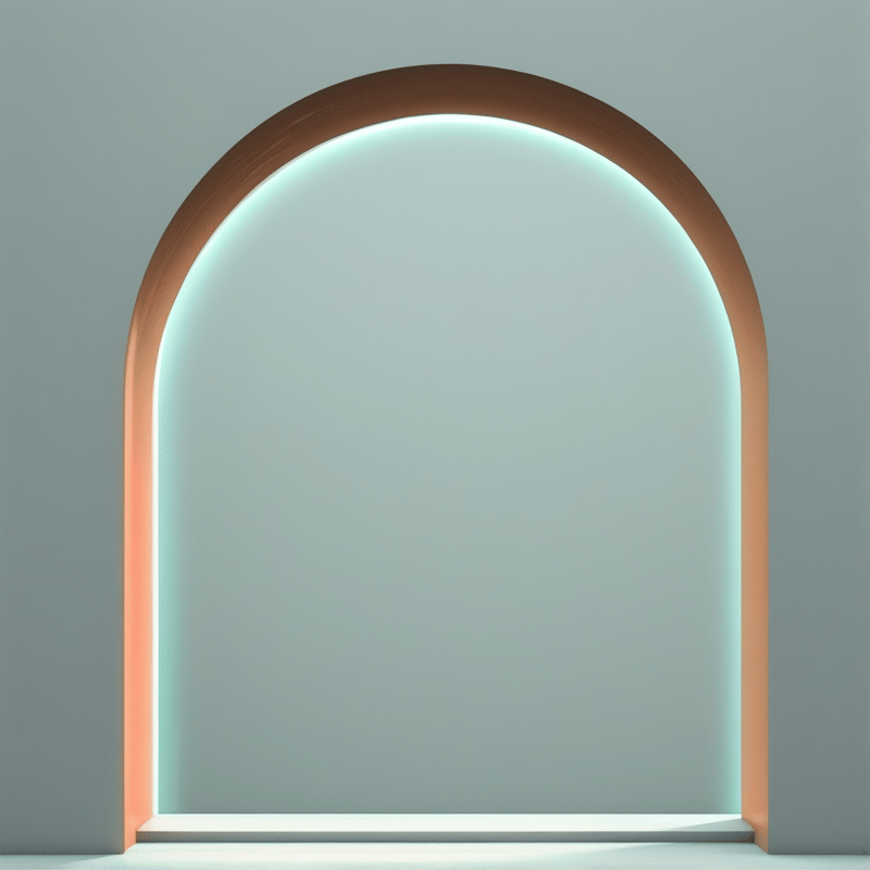 A curved metallic archway features glowing white interior lights and warm orange exterior highlights against a plain matte teal wall