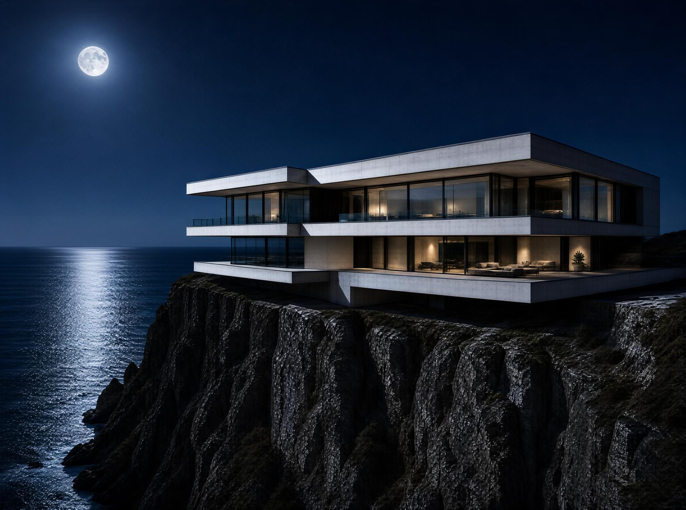 Modern Cliffside Villa at Night