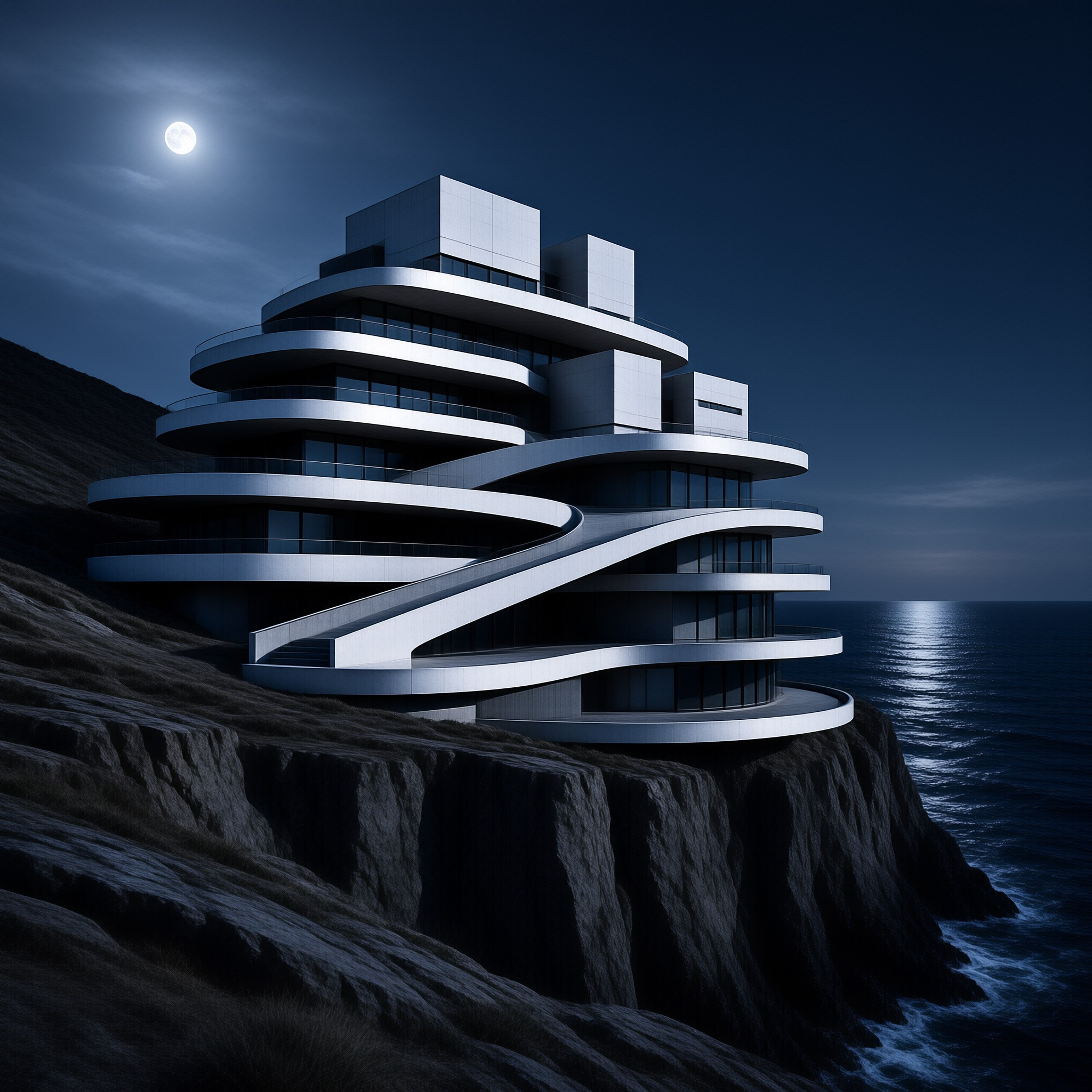 A futuristic white building curves along a dark cliffside at night while the full moon illuminates the ocean horizon.
