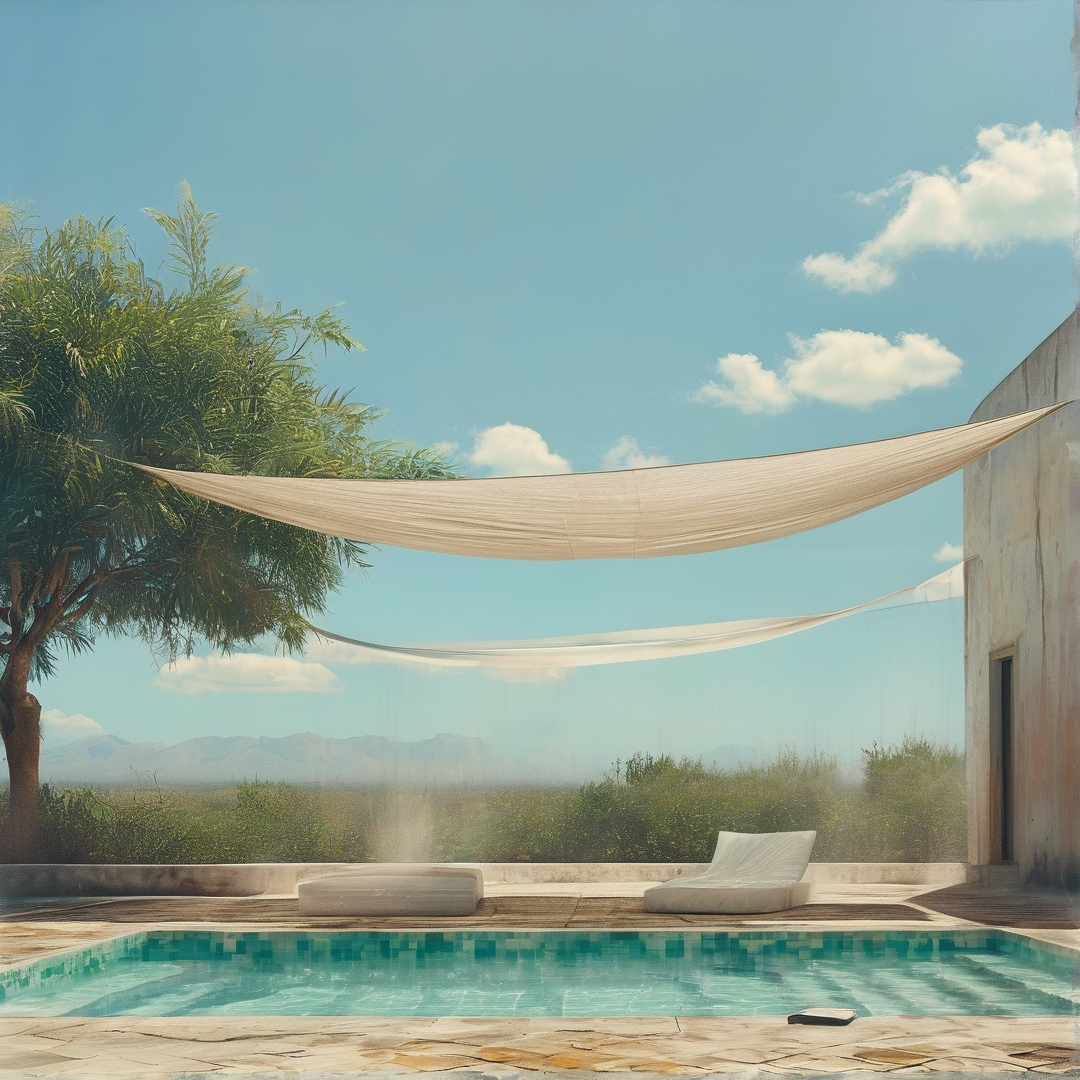 Pool area with wooden deck and white loungers beneath large beige shade sails under a bright blue sky with distant mountains.