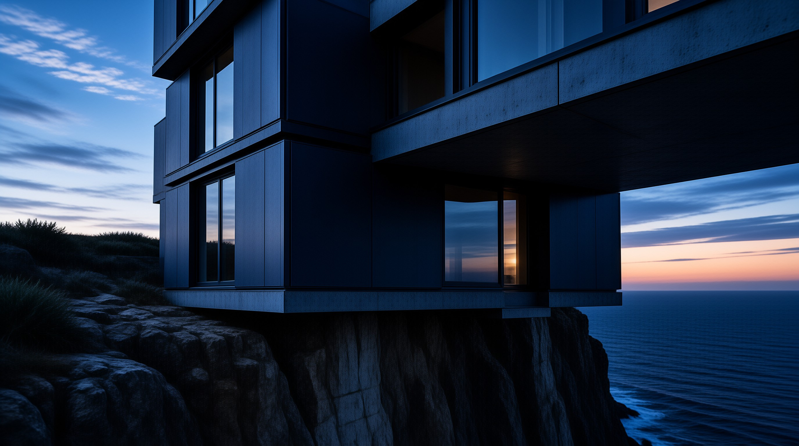 Modern Cliff House at Dusk
