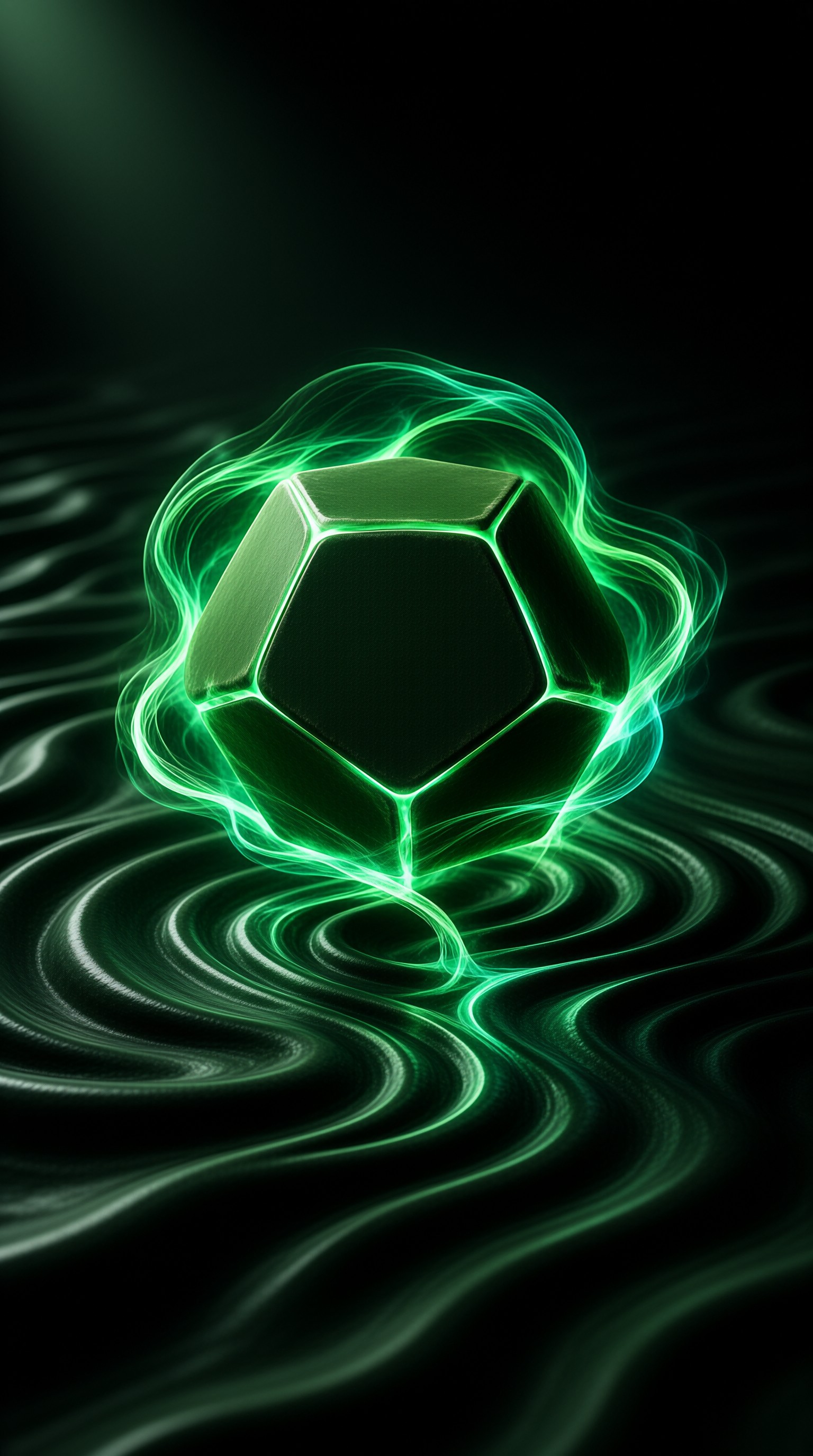 A dark faceted object hovers above rippling water while neon glow swirls around its edges and reflects on the surface.