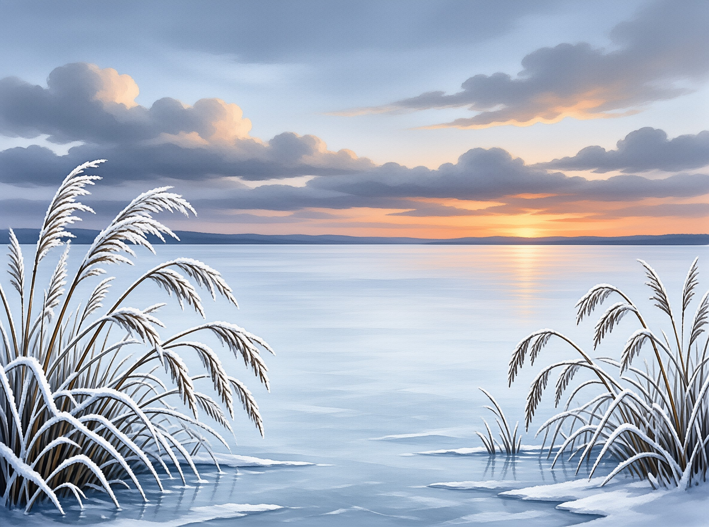 Tall grass covered in white frost stands near the edge of a frozen body of water under an orange and blue sky.