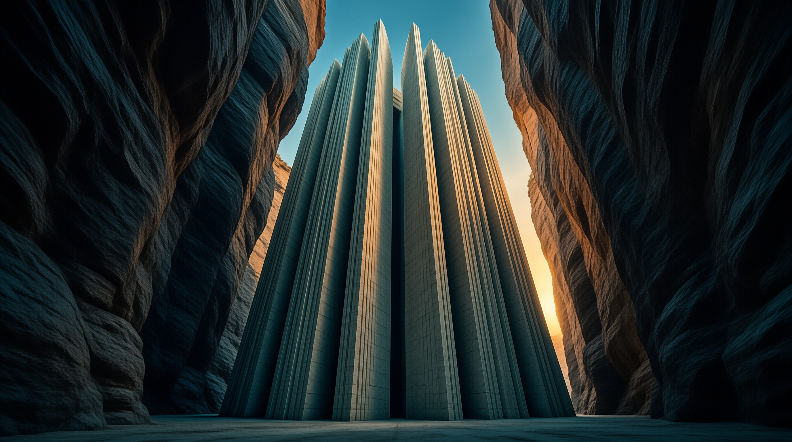 A massive vertical formation rises between dark canyon walls bathed in warm sunlight against a clear sky.