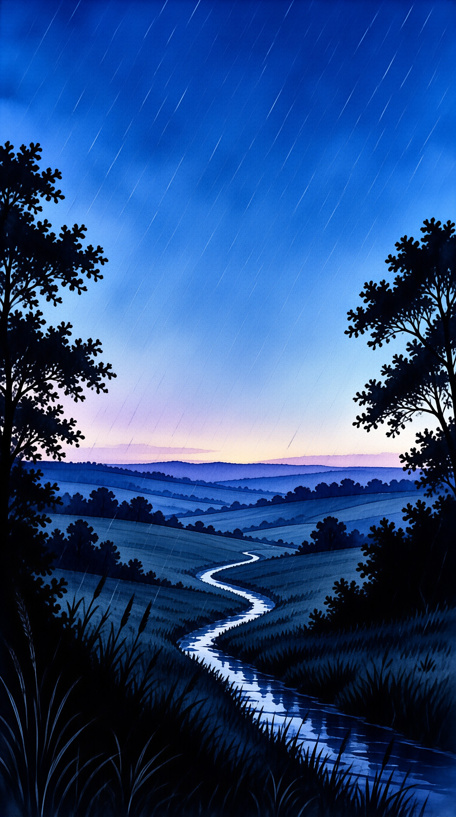 A narrow river snakes through rolling hills beneath streaks of rain, framed by dark trees against a violet dusk sky.