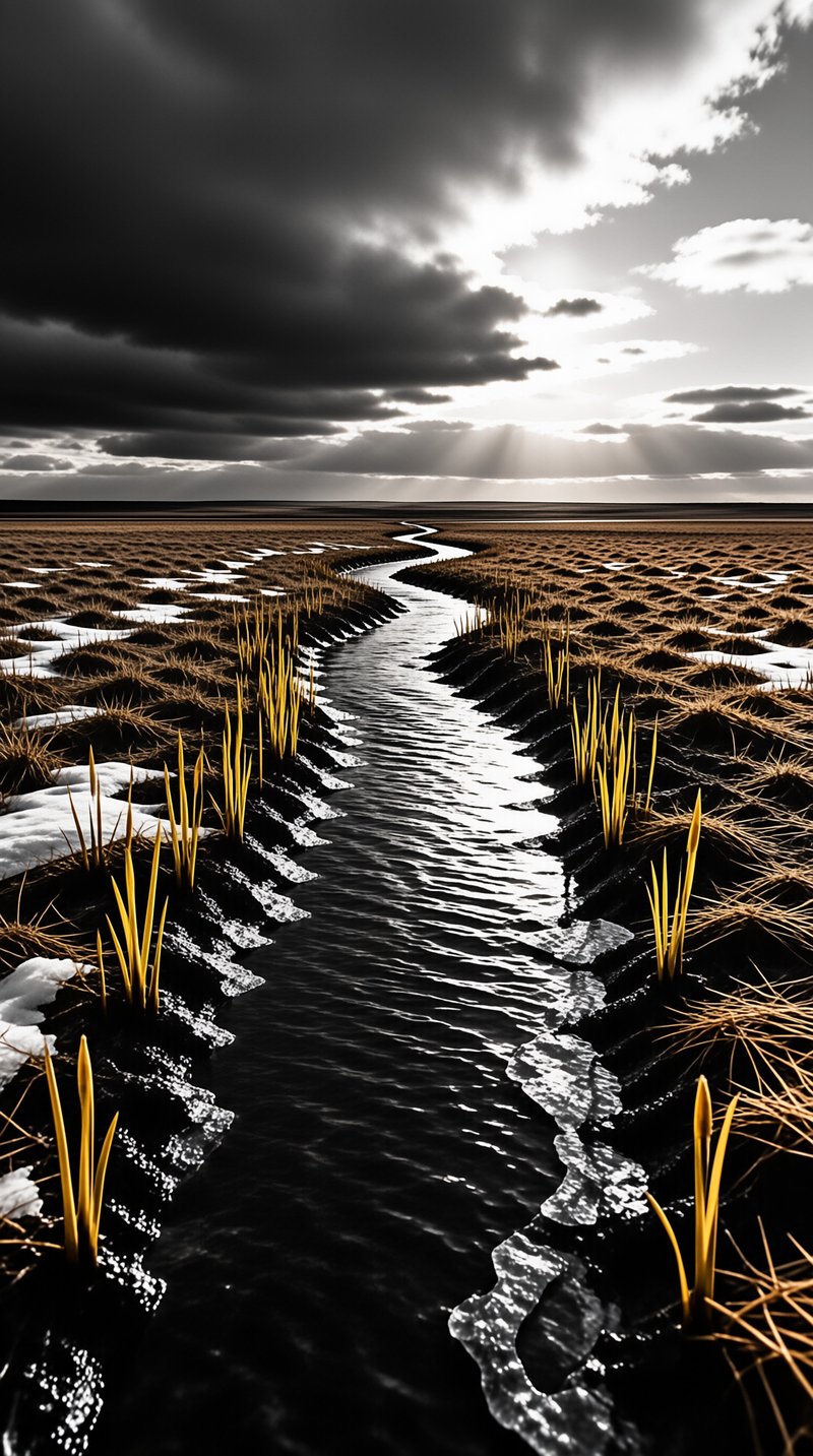 A narrow silver brook snakes across a dormant marsh of snow patches and first yellow shoots under brooding clouds