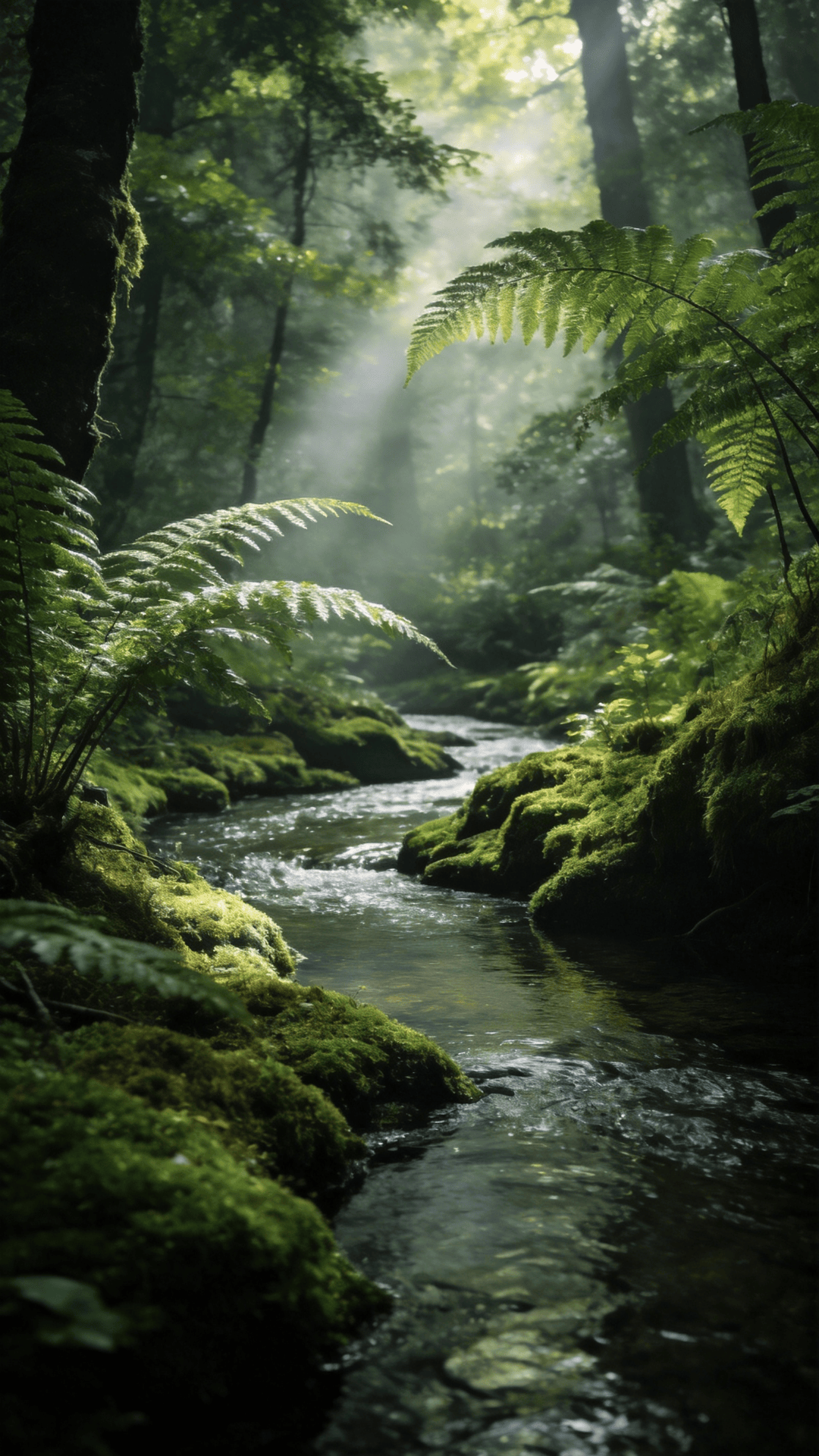 Misty Healing Forest with Sunlit Ferns