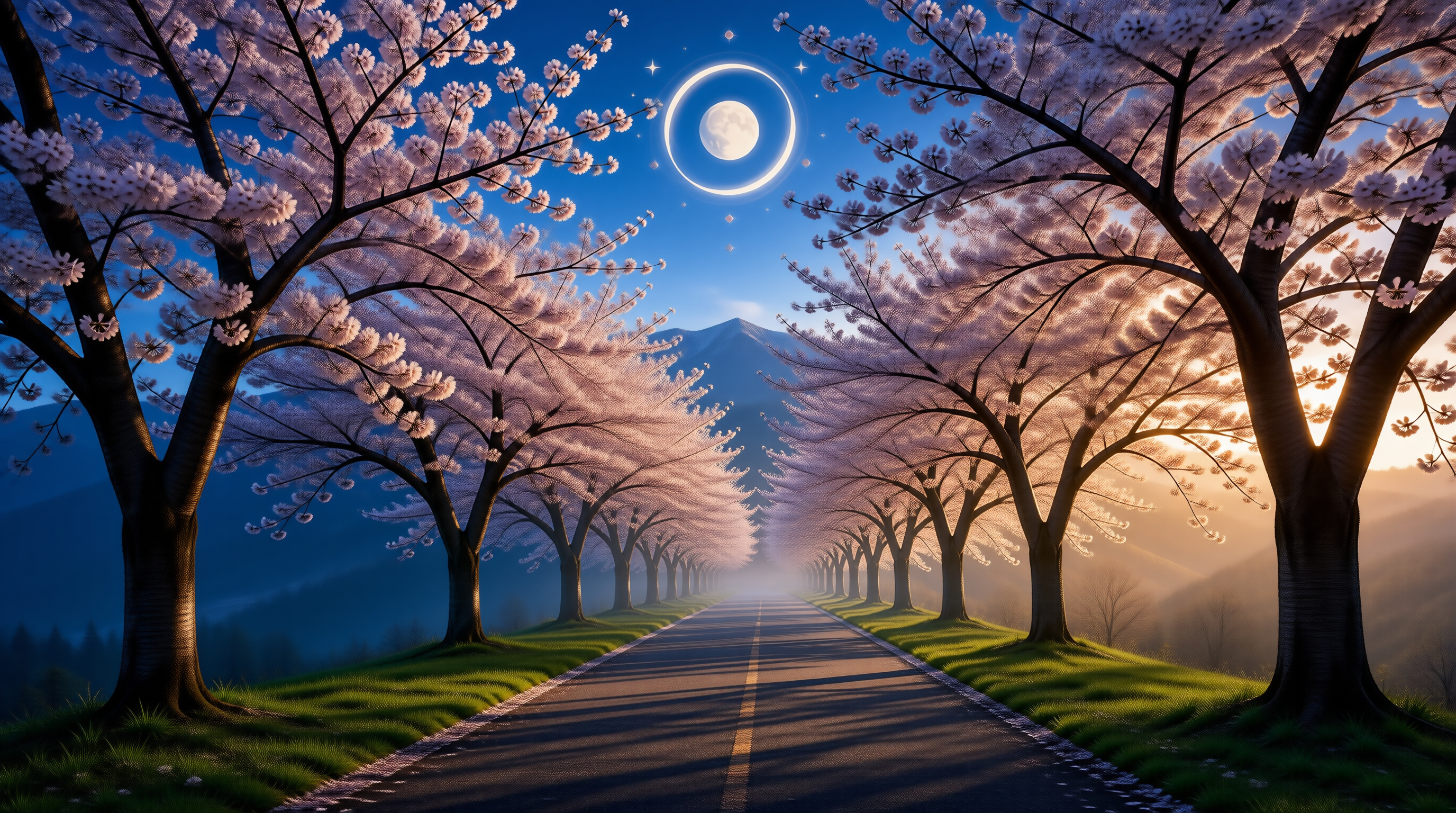 Cherry Blossom Road Under Moonlight
