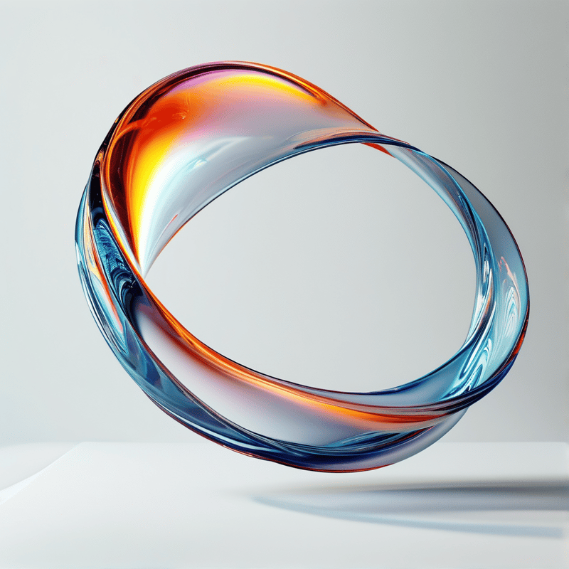 A curved iridescent glass loop sits above a plain white surface, casting a soft shadow, showing shifting orange and blue hues.
