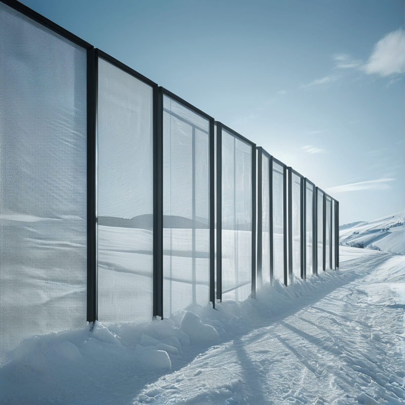 A row of mesh fences with dark posts stands in a snowy landscape under a bright sky with shadows cast on white ground.