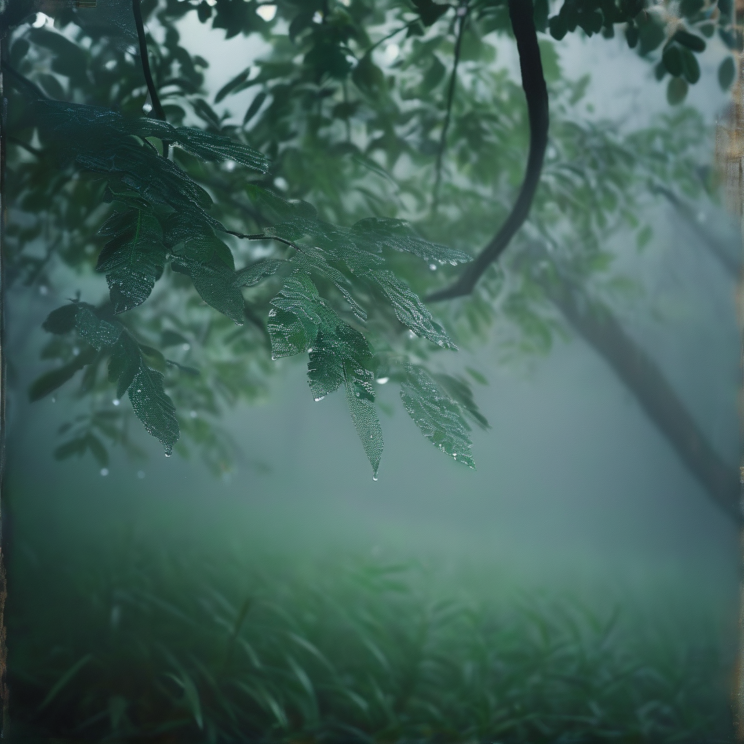 Misty Green Leaves with Dew