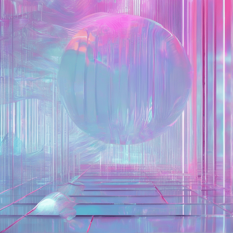A translucent shimmering orb hovers above a reflective grid floor inside a corridor lined with glowing pink and purple translucent vertical panels