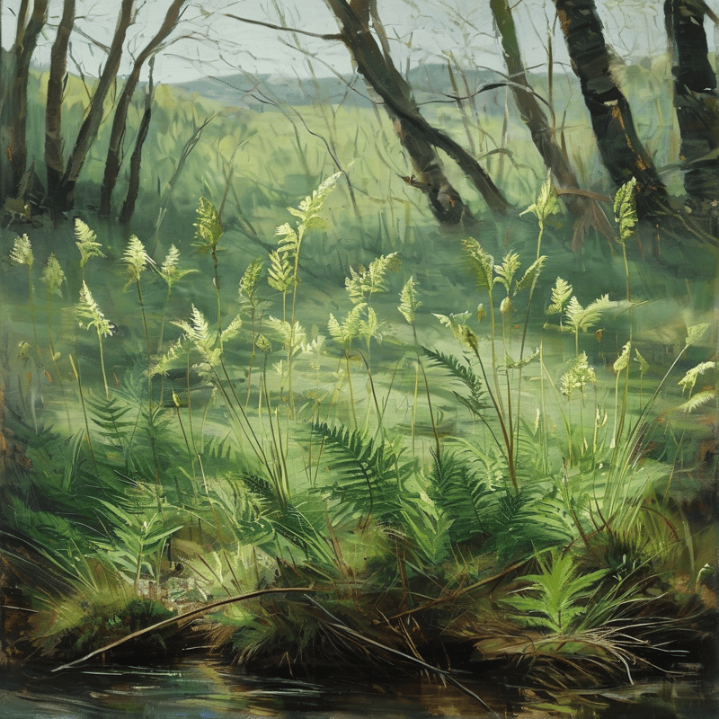 Painterly view of lush green ferns beside a stream, with leaning tree trunks and soft diffused light filtering over the distant wooded landscape.