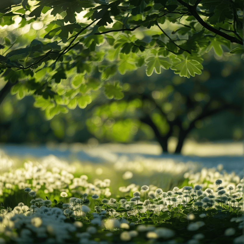 A lush green forest scene where sunlight filters through an overhead canopy of leaves, casting a warm glow on a dense carpet of white dandelion seed heads that cover the meadow floor.
