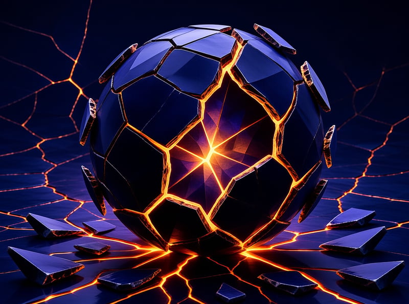 A dark blue sphere composed of jagged shards rests on fractured ground with intense orange light emanating from the cracks.