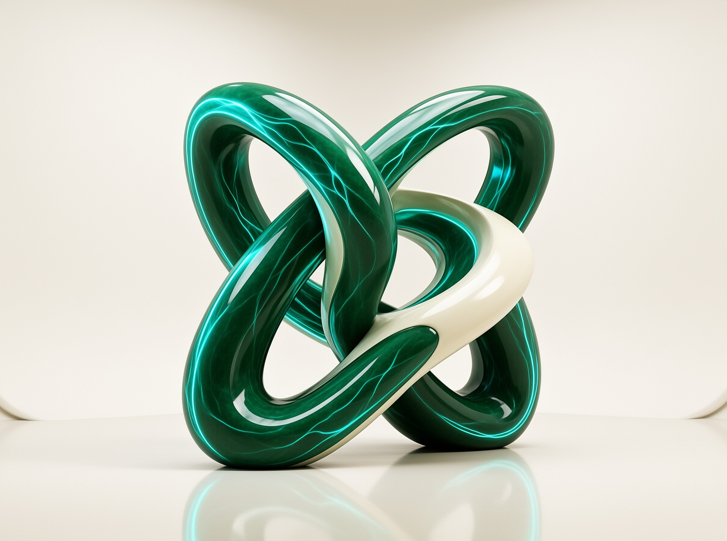 A glossy green knot sculpture with a cream section rests on a reflective white surface.