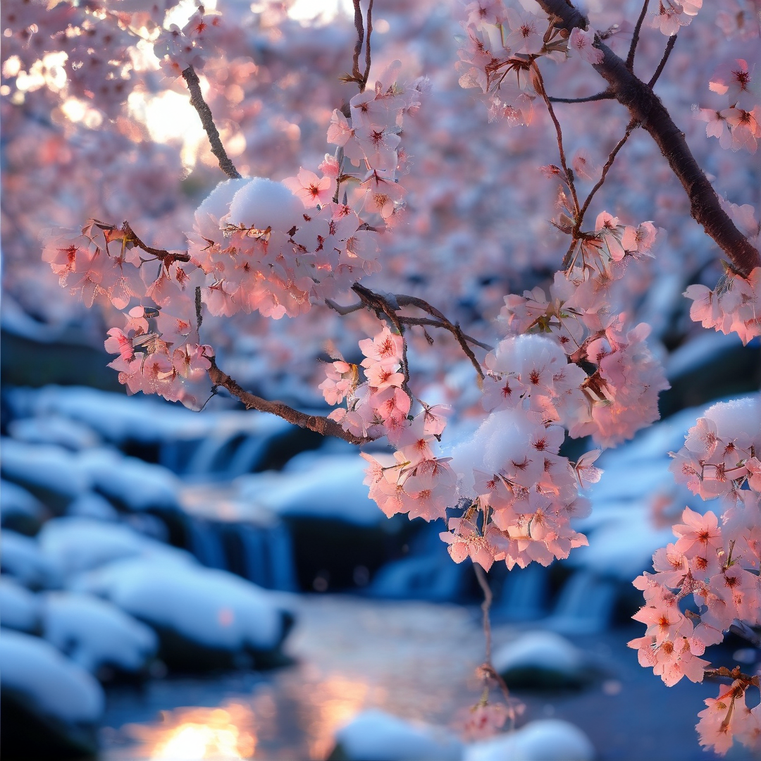 Snowy Cherry Blossoms at Dusk