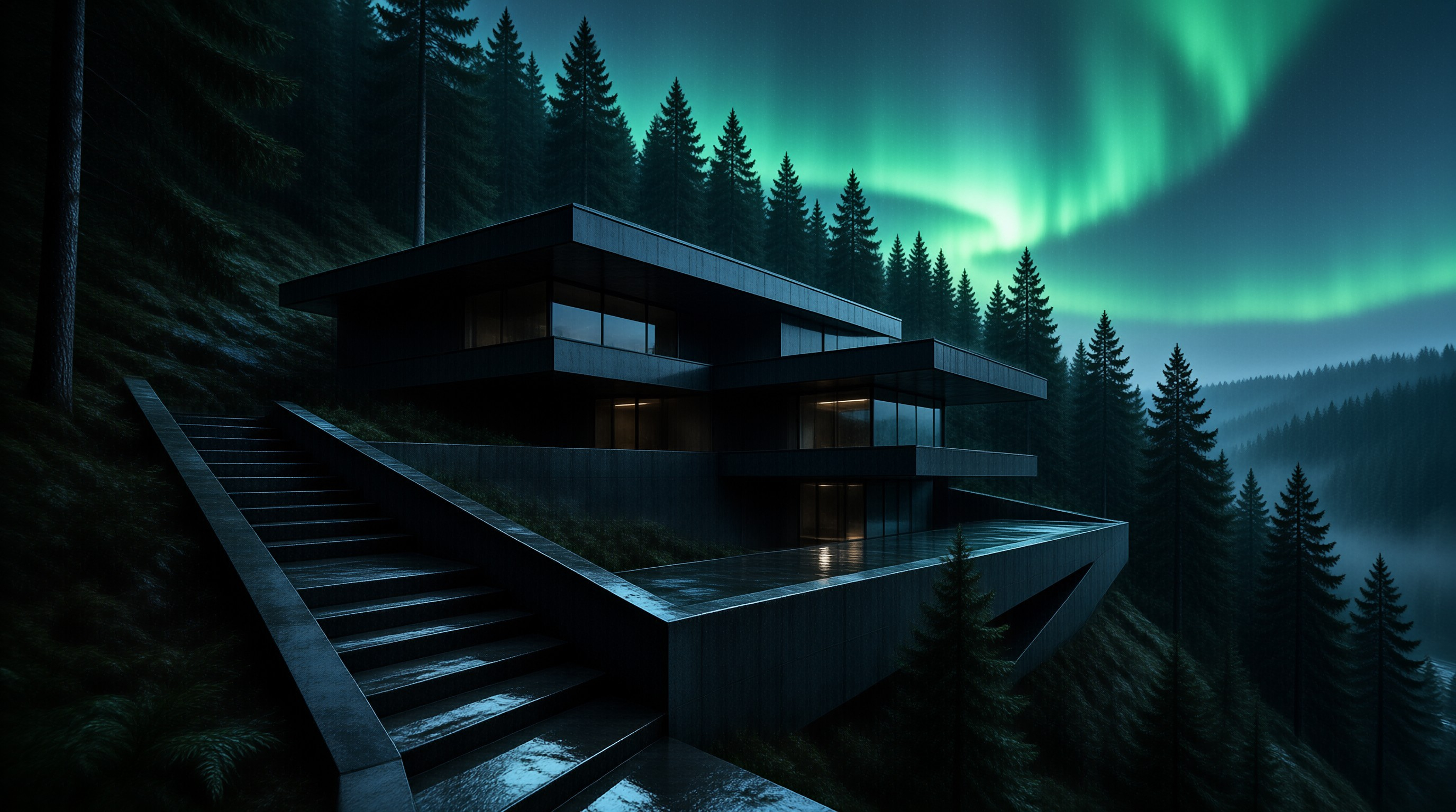 Modern Cabin Under Aurora