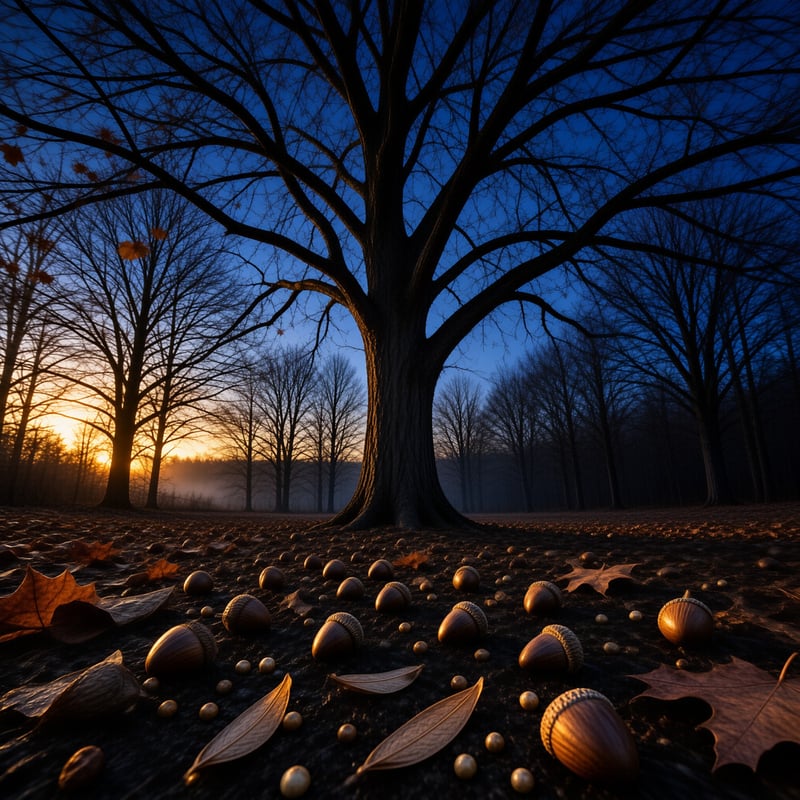 A tall leafless oak stands in a darkening autumn forest as golden sunset light glows and acorns litter the ground.