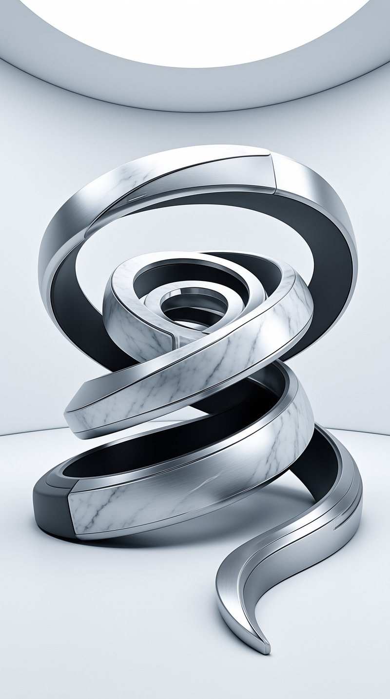 A twisted ribbon sculpture featuring alternating silver metal and white marble sections rests on a floor under soft light.