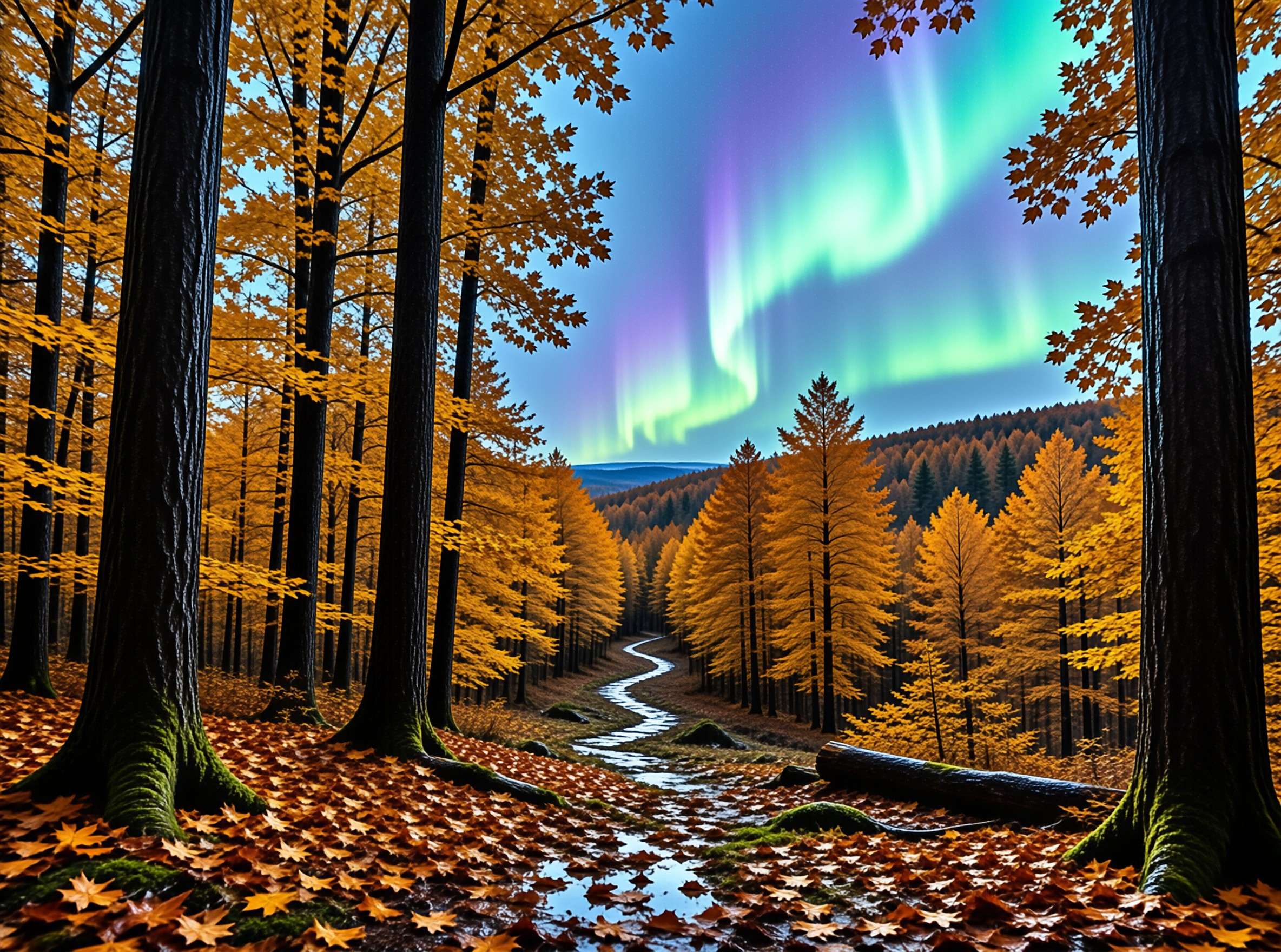 A narrow stream winds through golden larches and fallen maple leaves while green and violet aurora curtains glow overhead