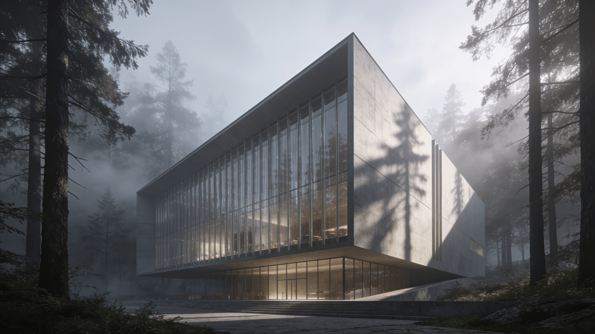 Cultural Center with Glass Curtain Wall — Misty Forest