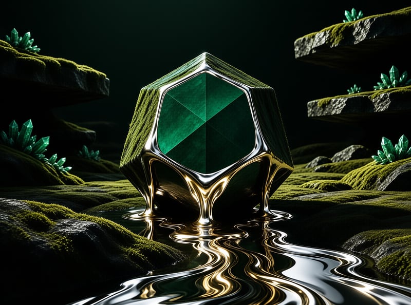 A mossy faceted object sits in a dark cave as its base flows into rippling pools of golden liquid surrounded by rocks.