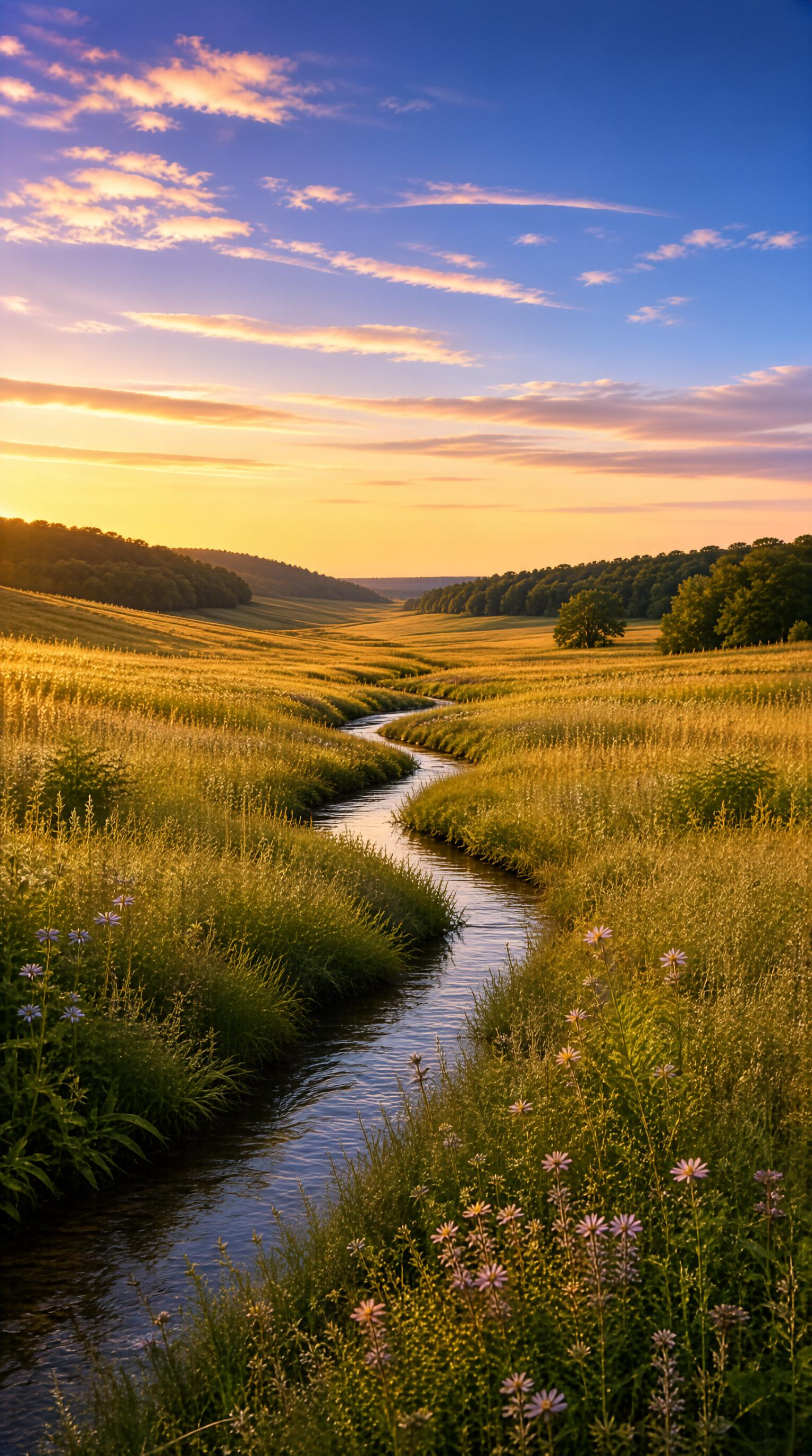 Golden Meadow Stream at Sunset