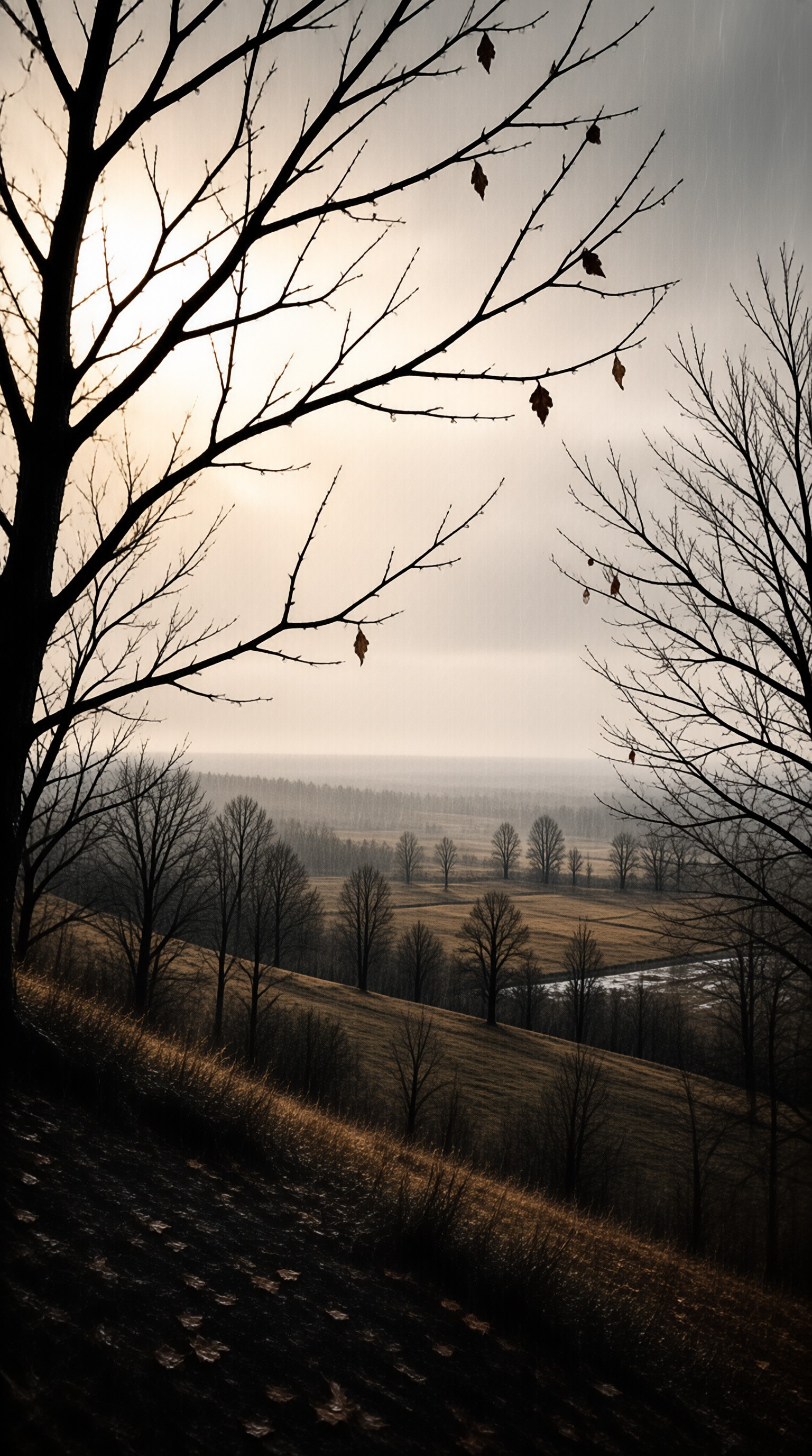 Leafless trees frame brown slopes descending into a foggy valley where distant forest lines are obscured by haze.