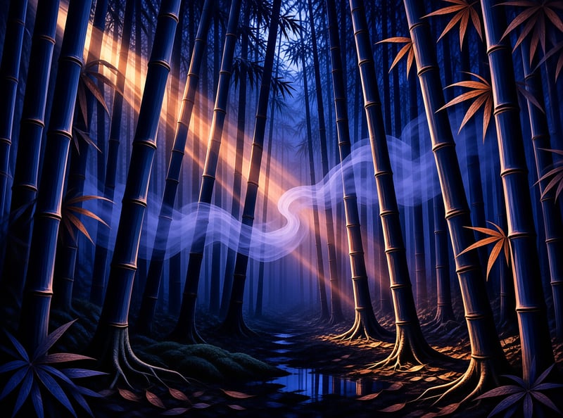 Tall dark bamboo stalks form a deep blue corridor where a glowing white mist drifts across a path lit by warm sunlight.